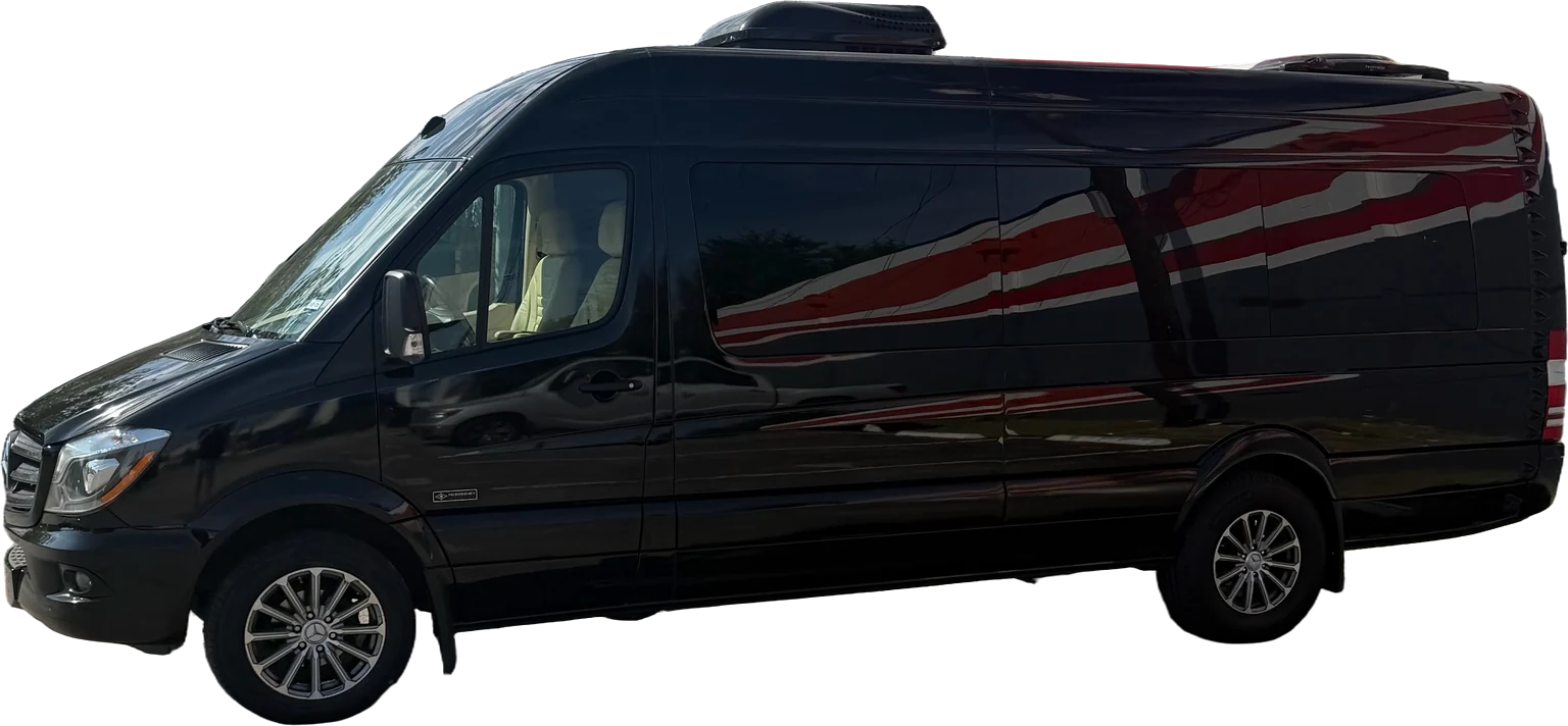 Black Mercedes-Benz Sprinter, side view